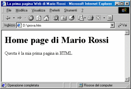 Figura 18 - Il file 'prova.htm' cos come viene visualizzato da Internet Explorer