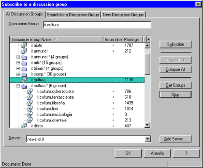 Figura 7 - Elenco dei newsgroup nella finestra di sottoscrizione del mail reader integrato in Netscape 4: particolare della gerarchia IT