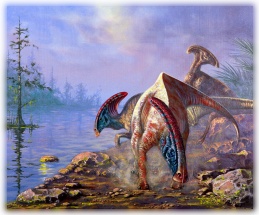 Ricostruzione di un paesaggio preistorico con parasaurolophus