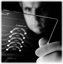 Lucent Bell Labs Photo of Corrado Dragone examining photolithographic mask